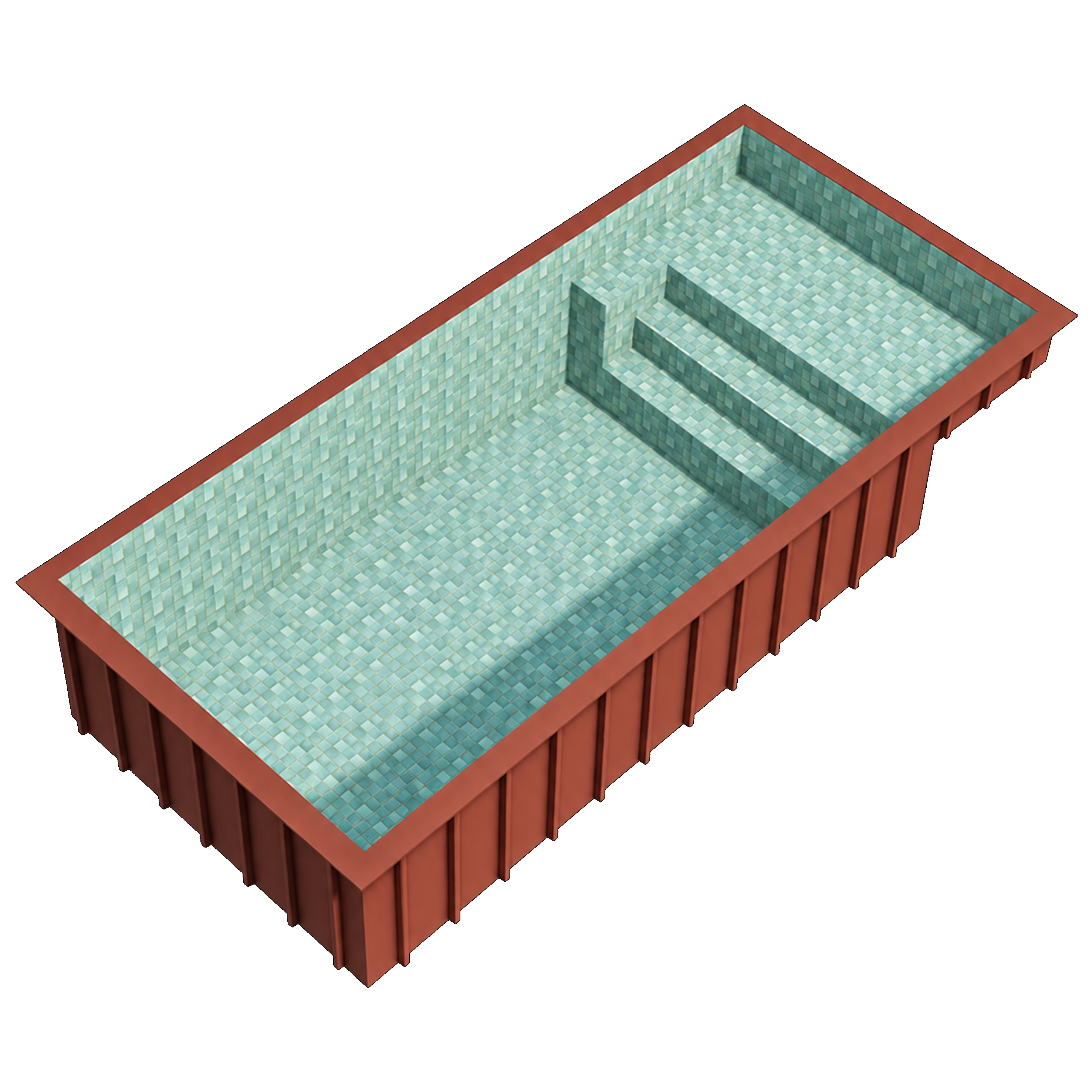 Render 3D da Nova Distinta Pastilhada mostrando praia, degraus e área de nado