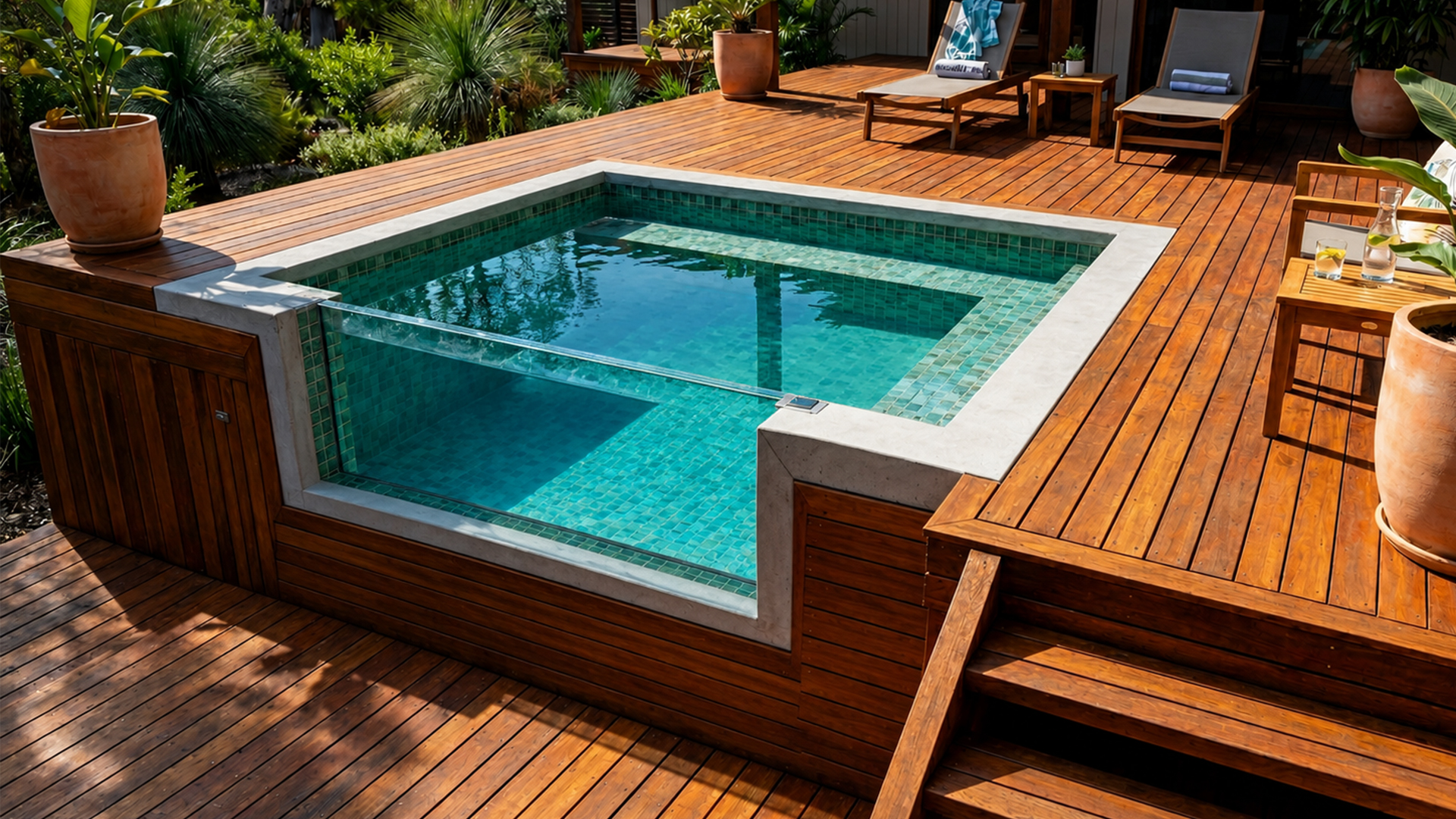 Piscina da Nova Linha Acrylic instalada em deck de madeira com paisagismo tropical